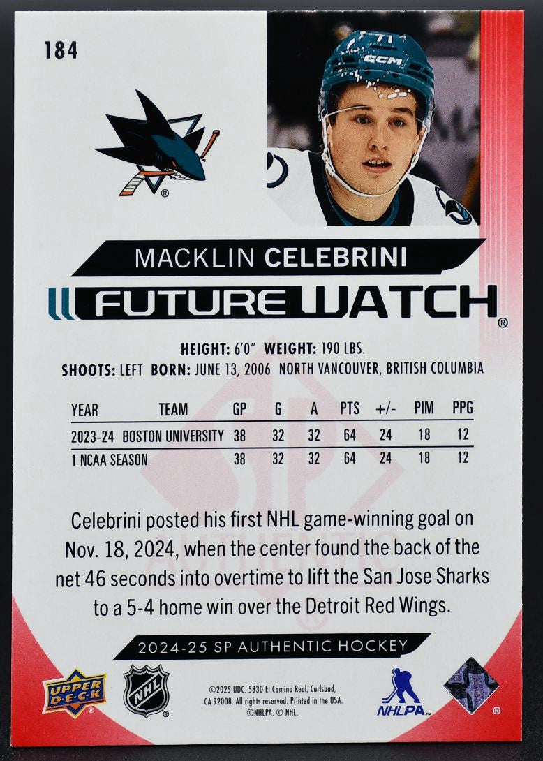 2024-25 SP Authentic Macklin Celebrini 184 San Jose Sharks RC