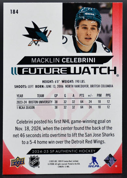 2024-25 SP Authentic Macklin Celebrini 184 San Jose Sharks RC