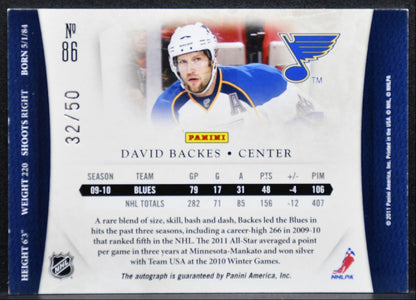 2011-12 Panini Dominion Ruby Signatures David Backes 86 Blues Auto 32/50 9779
