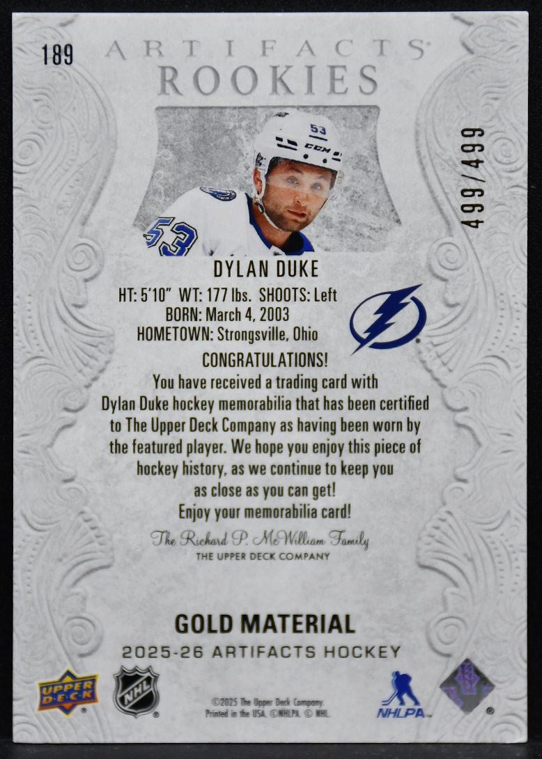 2025-26 UD Artifacts Rookies Gold Material Dylan Duke 189 /499 Jersey