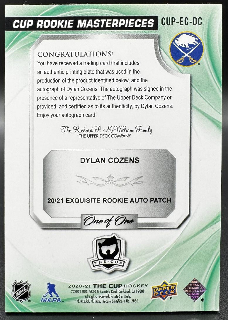 2021-22 UD The Cup Rookie Masterpieces Dylan Cozens Buffalo Sabres RC Auto 1/1