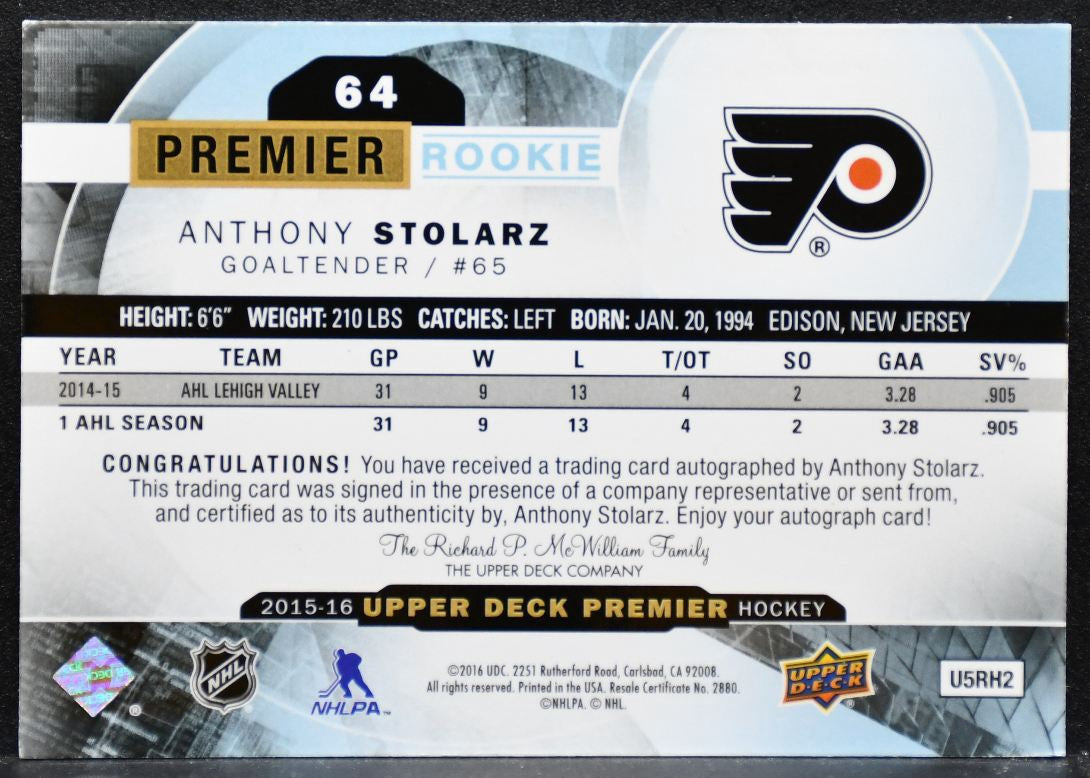 2015-16 Upper Deck Premier Rookie Auto Anthony Stolarz RC Auto 166/399 6761