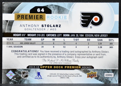 2015-16 Upper Deck Premier Rookie Auto Anthony Stolarz RC Auto 166/399 6761