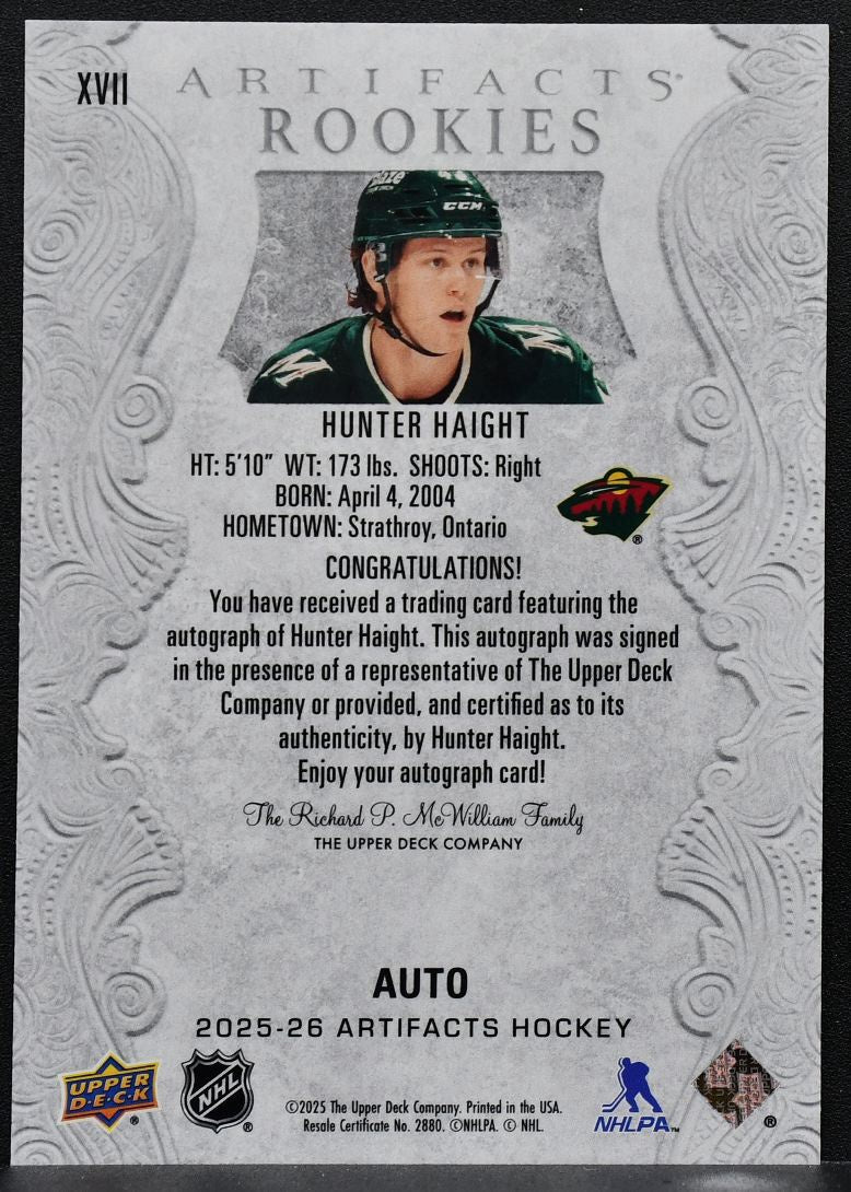 2025-26 Upper Deck Artifacts Rookies Auto Redemptions Hunter Haight RC Auto 6483