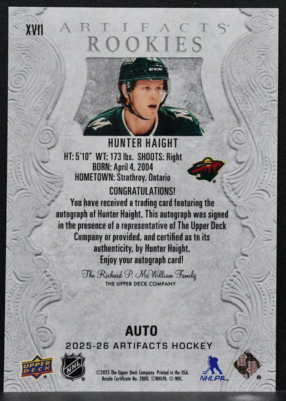 2025-26 Upper Deck Artifacts Rookies Auto Redemptions Hunter Haight RC Auto 6483
