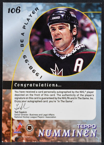 1998-99 Be a Player Autographs Gold Teppo Numminen 106 Phoenix Coyotes Auto 7648