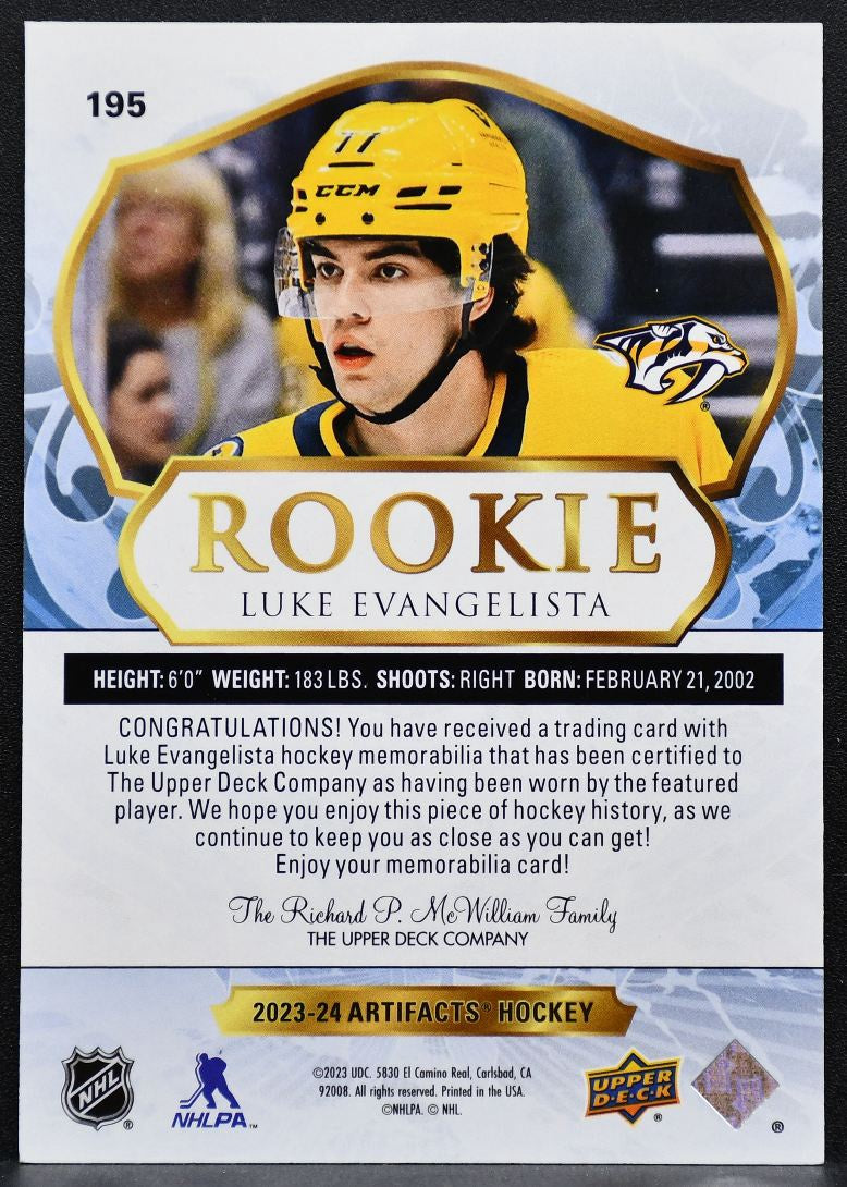 2023-24 Upper Deck Artifacts Luke Evangelista Predators RC 062/599 Jersey 8629