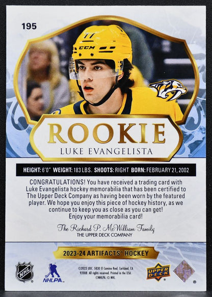 2023-24 Upper Deck Artifacts Luke Evangelista Predators RC 062/599 Jersey 8629