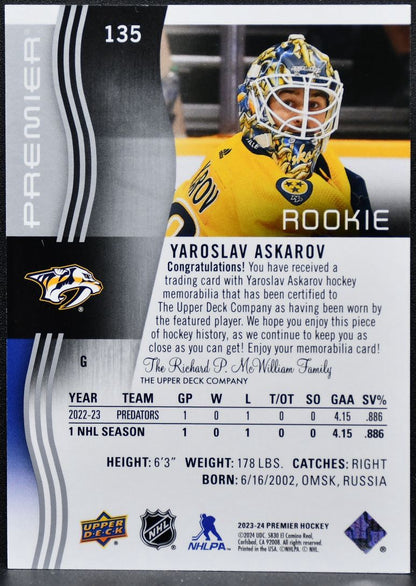 2023-24 UD Premier Rookie Jersey Yaroslav Askarov Predators RC Jersey 8921