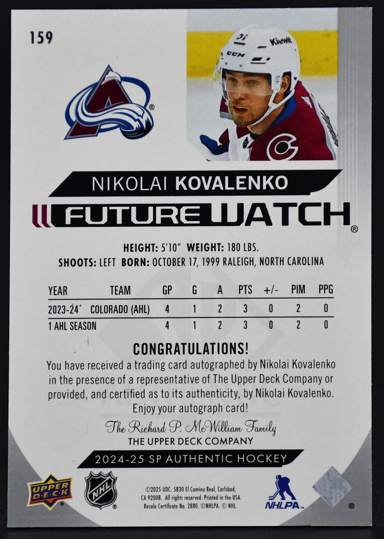 2024-25 SP Authentic Future Watch Horizontal Kovalenko Avalanche Auto /599
