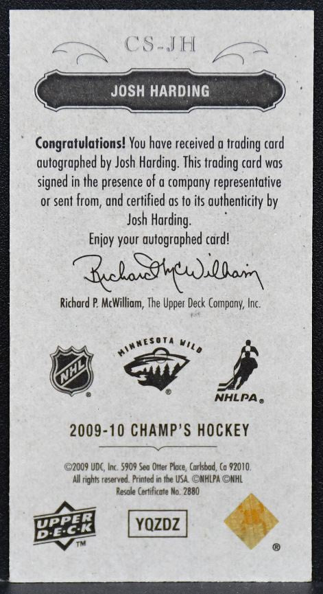 2009-10 Upper Deck Champ's Signatures Josh Harding CS-JH Wild Auto 8041