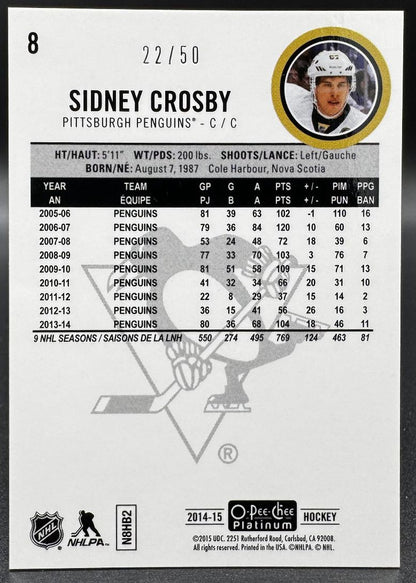 2014-15 O-Pee-Chee Platinum Seismic Gold Sidney Crosby 8 Penguins de Pittsburgh /50