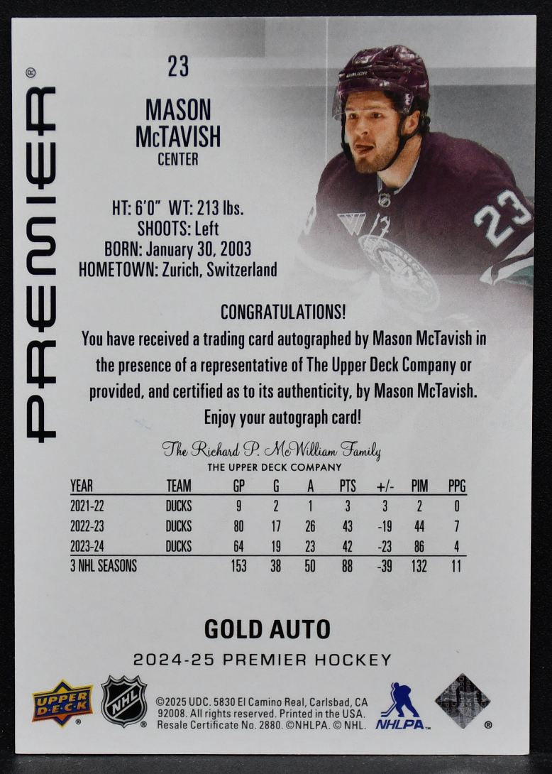 2024-25 UD Premier Gold Auto Mason McTavish 23 Anaheim Ducks Auto 13/25