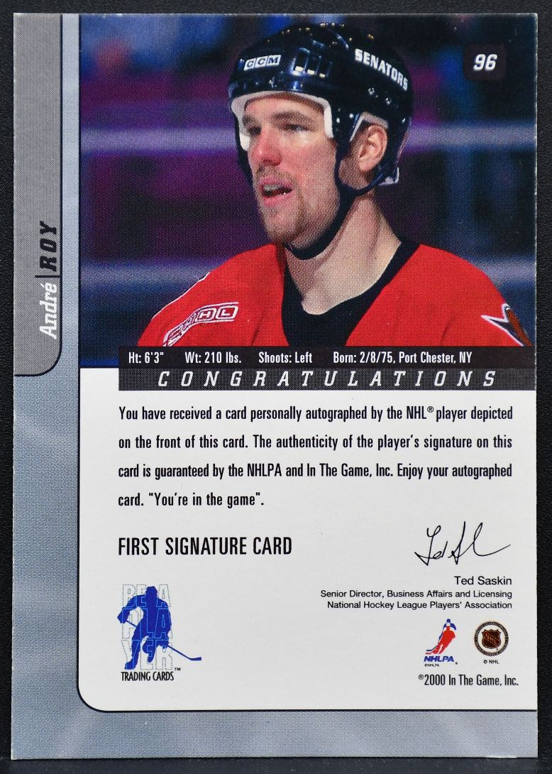 2000-01 Be a Player Signature Series Autographs Andre Roy 96 Senators Auto 8942