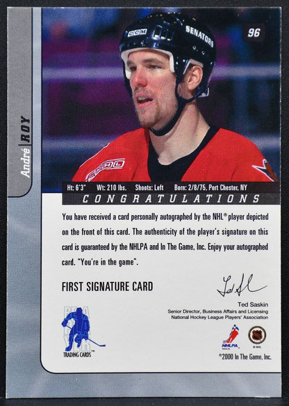 2000-01 Be a Player Signature Series Autographs Andre Roy 96 Senators Auto 8942