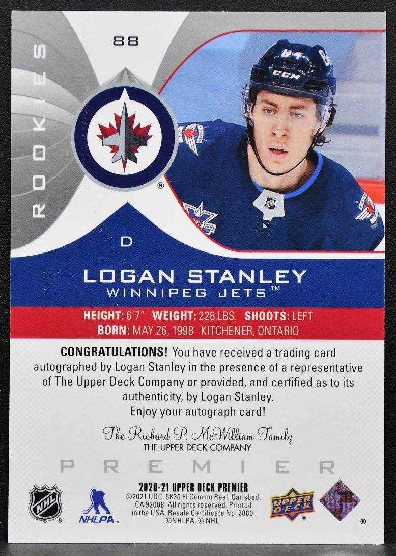 2020-21 Upper Deck Premier Rookies Auto Logan Stanley 88 Jets RC Auto 3178