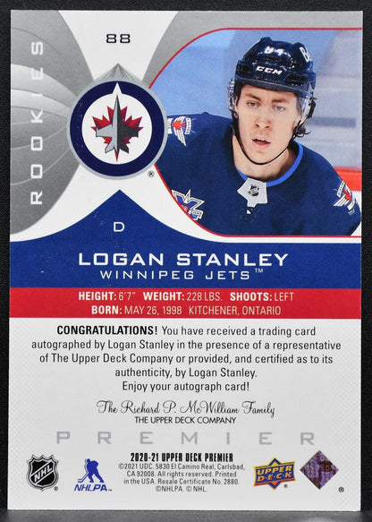 2020-21 Upper Deck Premier Rookies Auto Logan Stanley 88 Jets RC Auto 3178