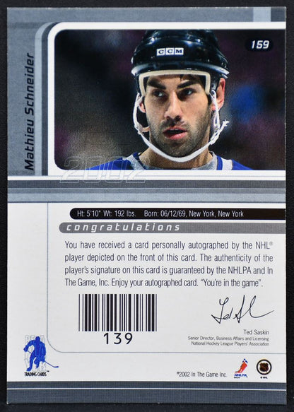 2001-02 Be a Player Signature Series Auto Mathieu Schneider 159 Kings Auto 9222