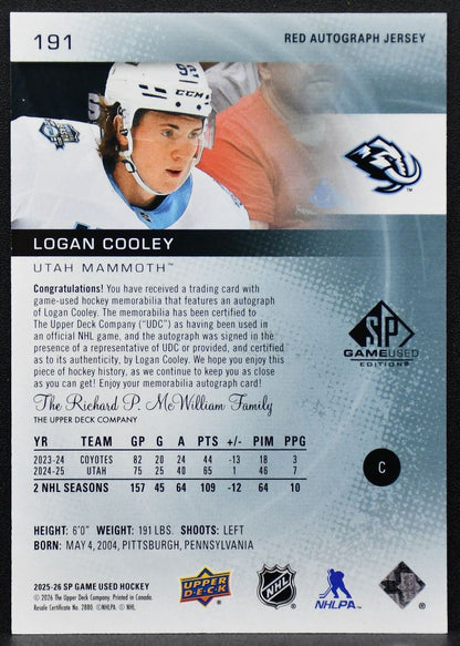 2025-26 SP Game Used Red Auto Jersey Logan Cooley 191 Auto 029/149 Jersey 6186