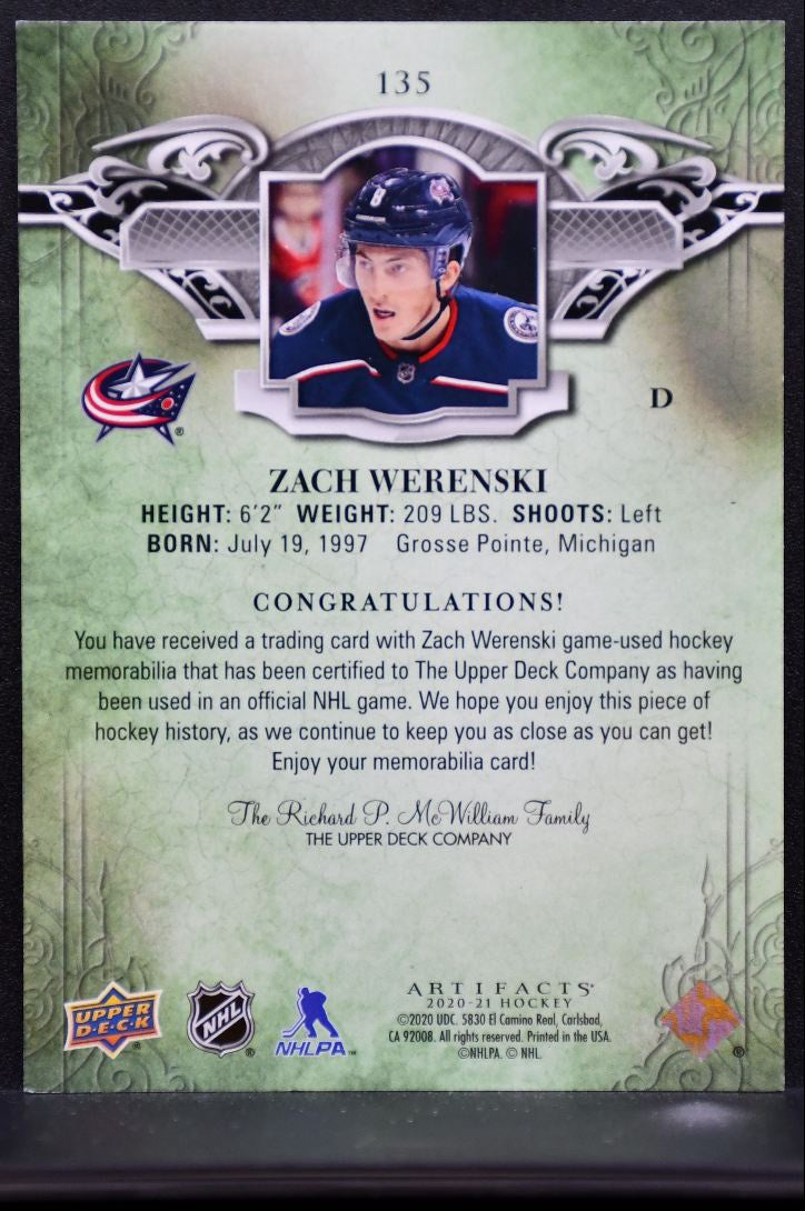 2020-21 UD Artifacts Materials Silver Zach Werenski Jackets 52/99 Jersey 7191
