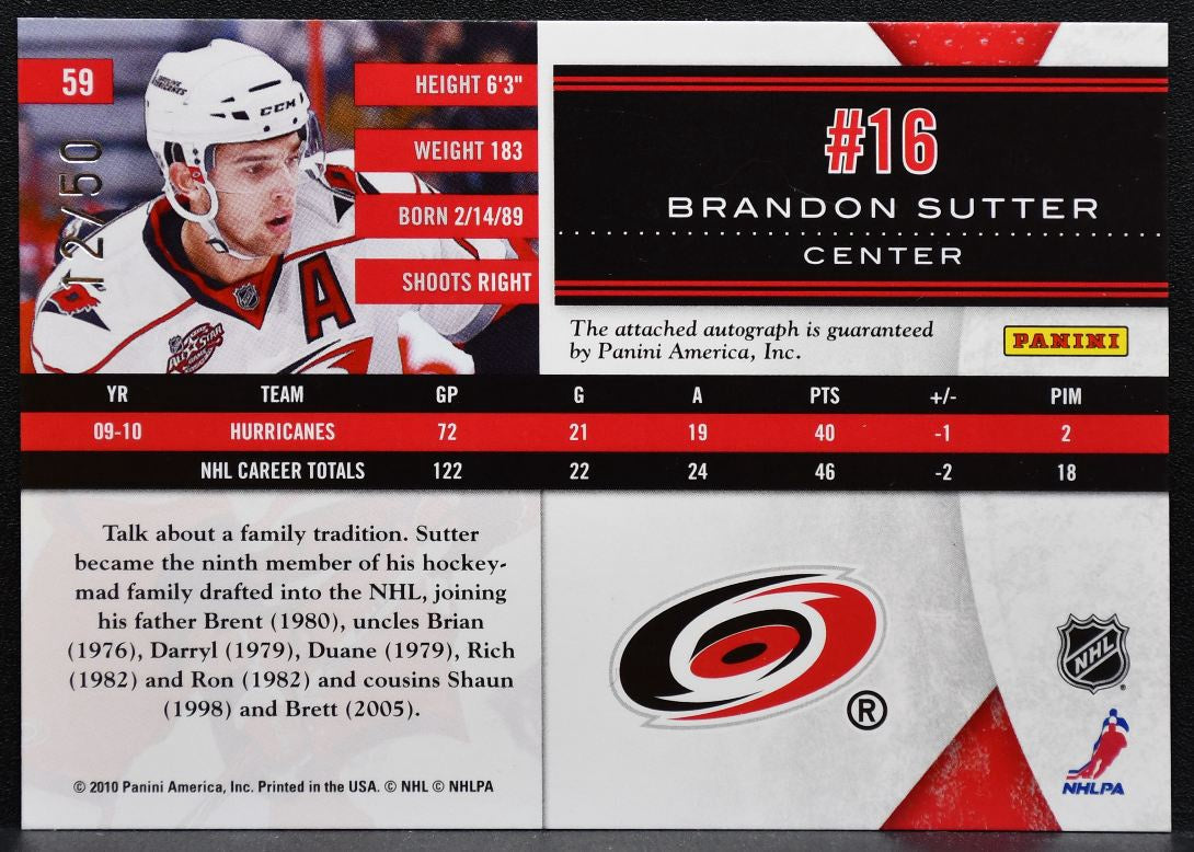 2010-11 Panini Limited Monikers Gold Brandon Sutter Hurricanes Auto 12/50 2404