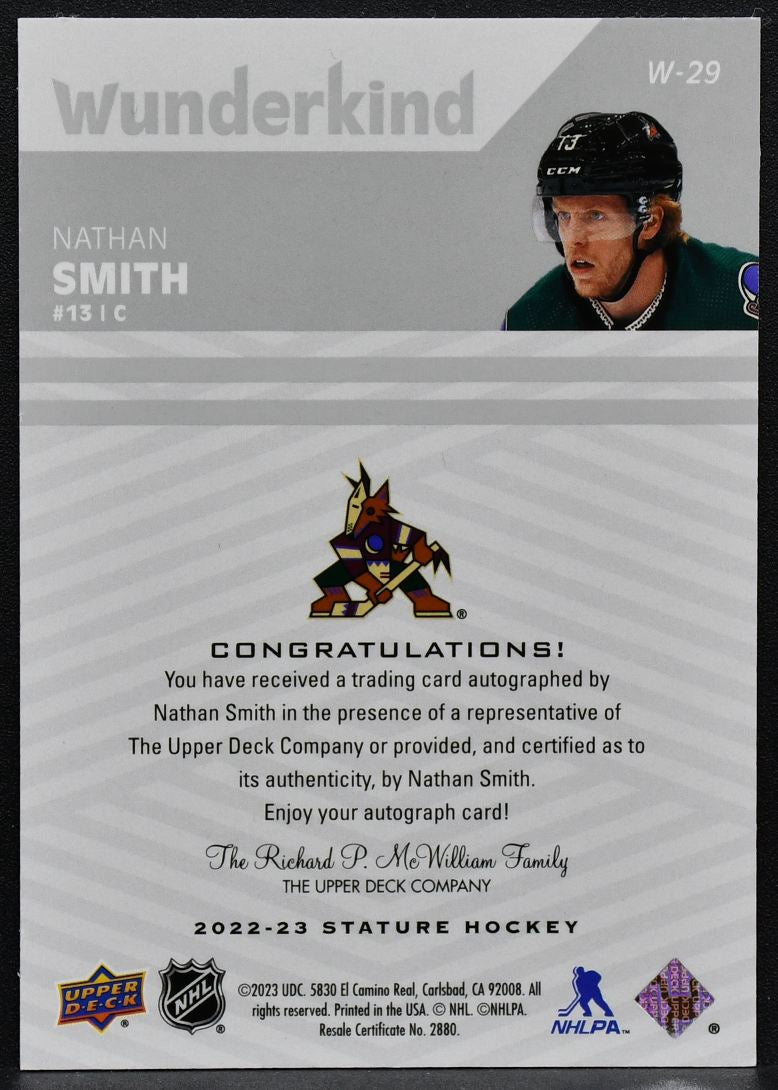 2022-23 Upper Deck Stature Wunderkind Auto Nathan Smith W-29 Coyotes Auto 1967