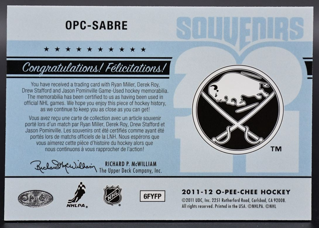 2011-12 OPC Souvenirs Miller/Roy/Stafford/Pominville OPC-SABRE Jersey