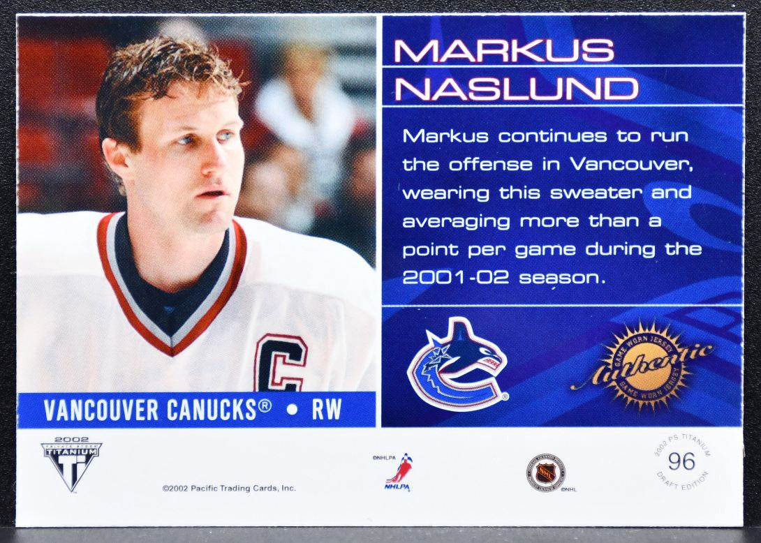 2001-02 Pacific Private Stock Titanium Draft Markus Naslund Canucks Jersey 3418