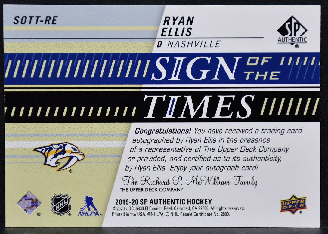 2019-20 SP Authentic Sign of the Times Ryan Ellis SOTT-RE Nashville Auto