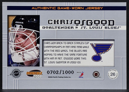 2003-04 Pacific Invincible Jerseys Chris Osgood 26 Blues 0702/1000 Jersey 3216