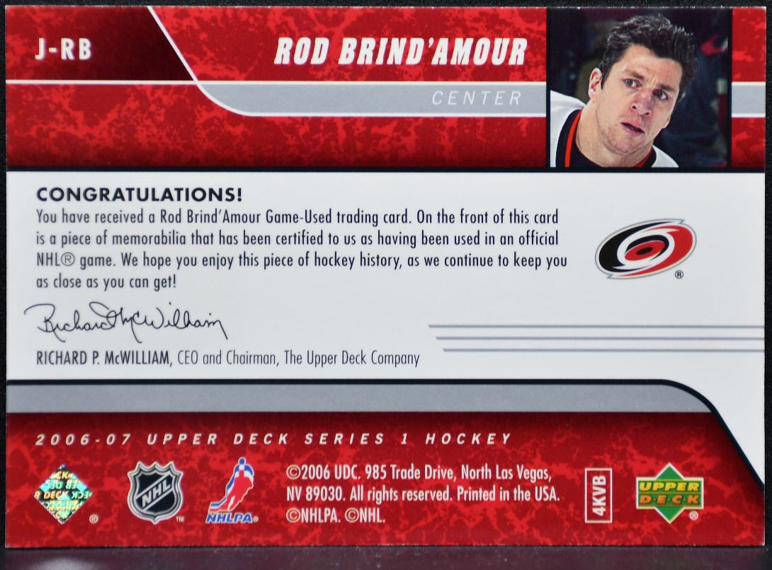 2006-07 UD Series 1 UD Game Jersey Rod Brind'Amour Hurricanes Jersey 2690