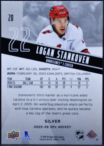 2025-26 SPx Silver Logan Stankoven 20 Carolina Hurricanes 8585