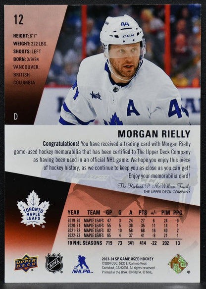 2023-24 SP Game Used Red Jersey Morgan Rielly 12 Toronto Maple Leafs Jersey 7451
