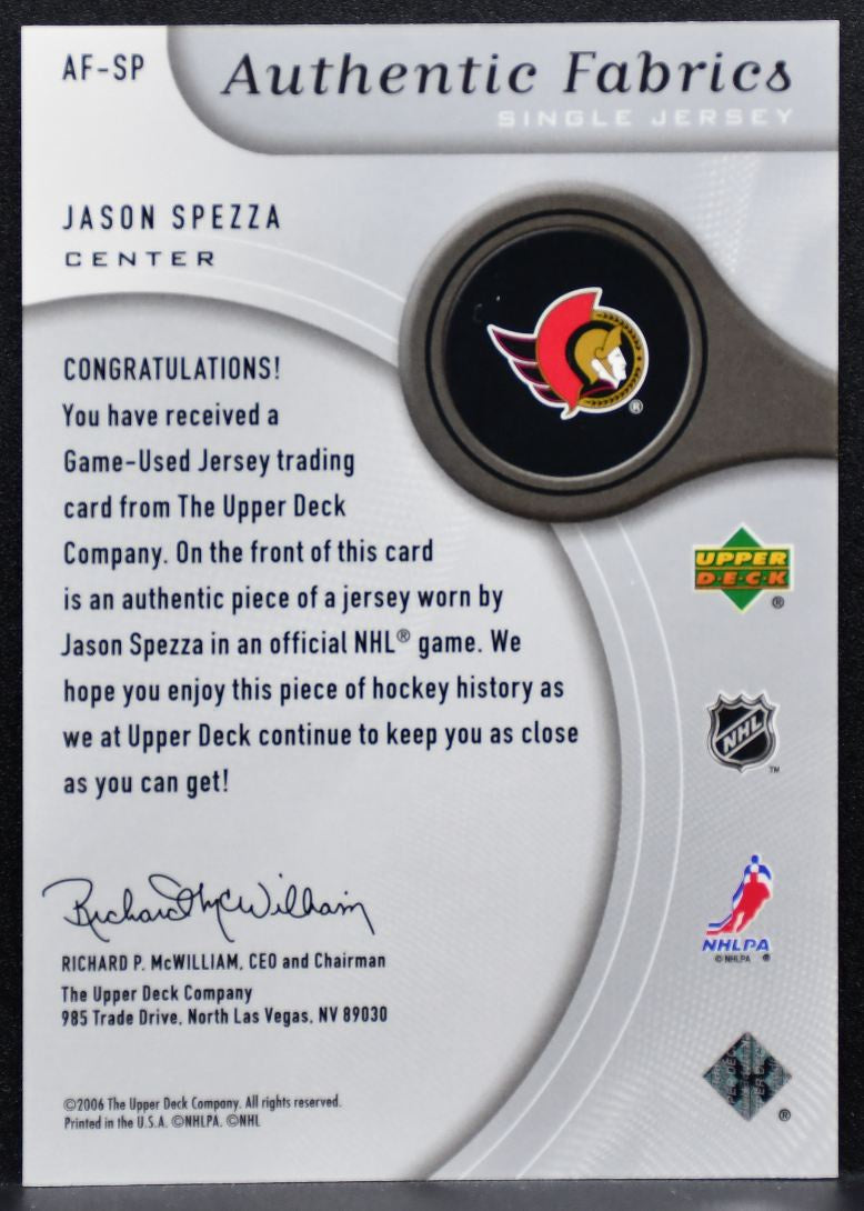 2006-07 SP Game Used Authentic Fabrics Jason Spezza Ottawa Senators Jersey 7546