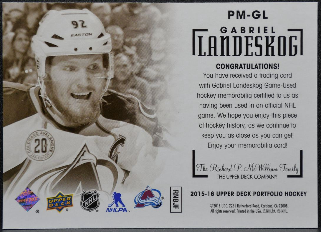 2015-16 UD Portfolio Profiles Material Jersey Landeskog Jersey 0130