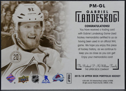 2015-16 UD Portfolio Profiles Material Jersey Landeskog Jersey 0130