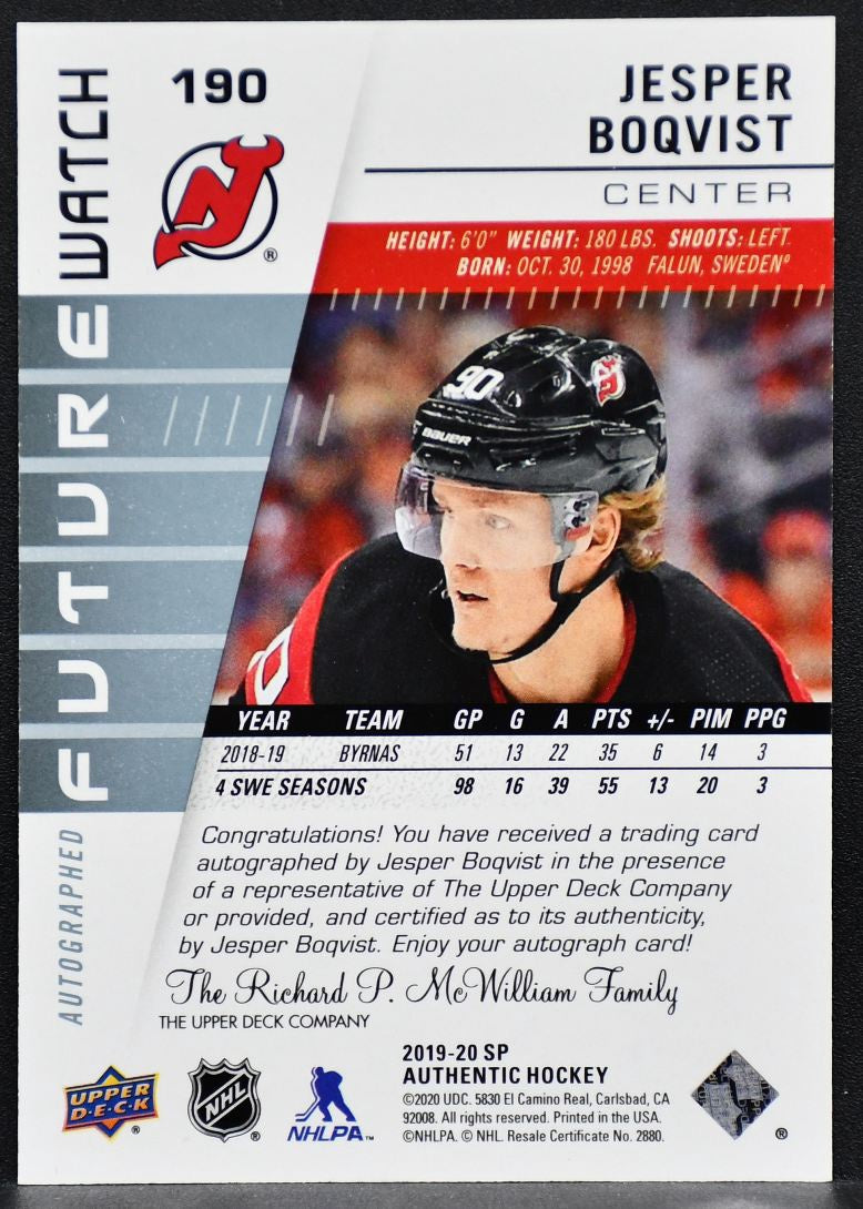 2019-20 SP Authentic Autographed Future Watch Jesper Boqvist 190  RC Auto /999