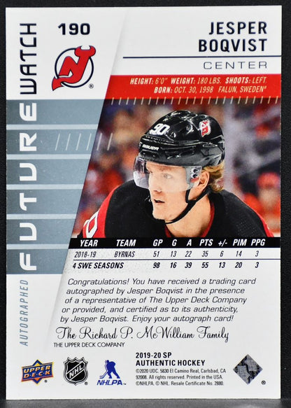 2019-20 SP Authentic Autographed Future Watch Jesper Boqvist 190  RC Auto /999