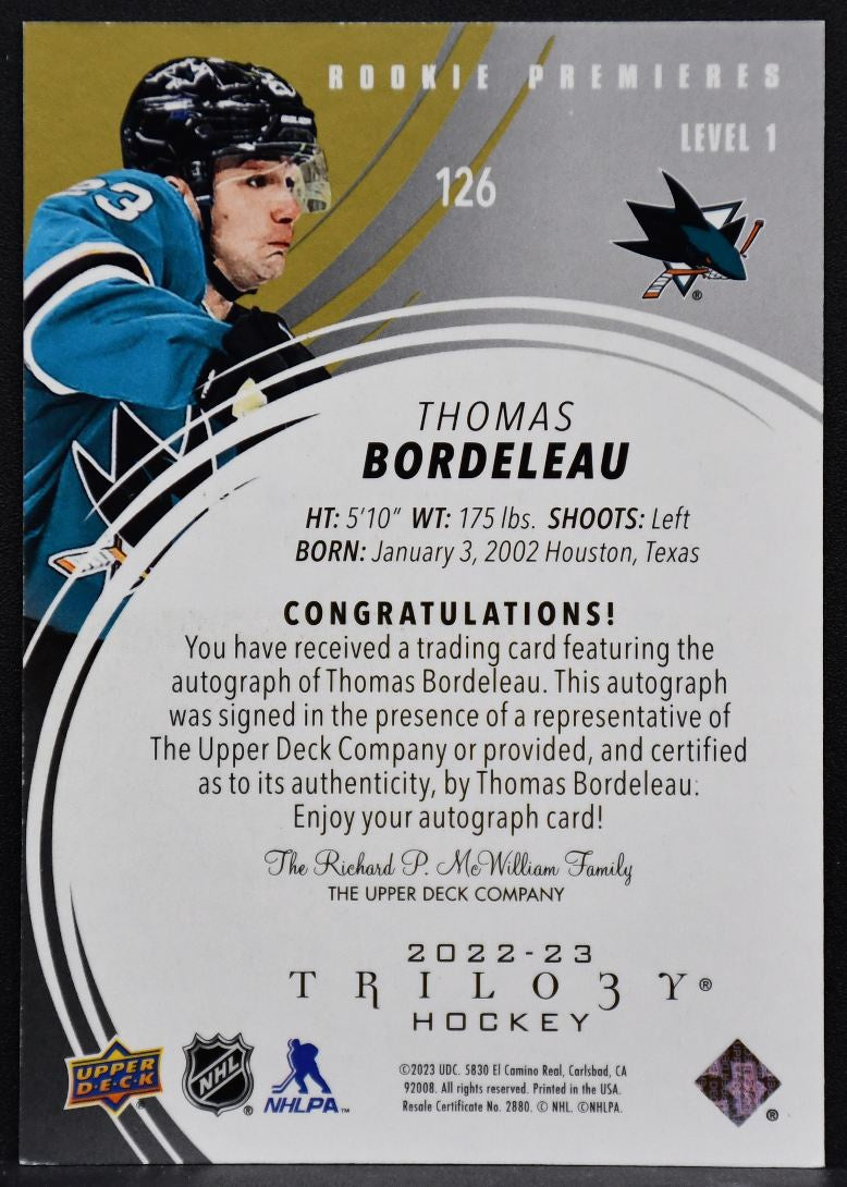 22-23 UD Trilogy RC Premieres Gold Autographs lvl1 Bordeleau Sharks RC Auto /449 6294