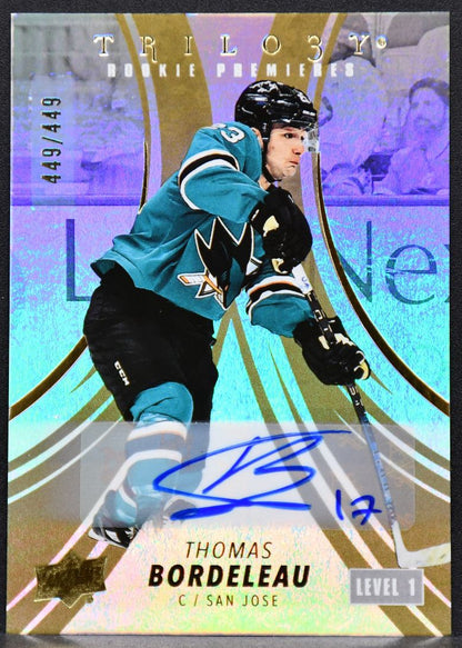 22-23 UD Trilogy RC Premieres Gold Autographs lvl1 Bordeleau Sharks RC Auto /449 6294