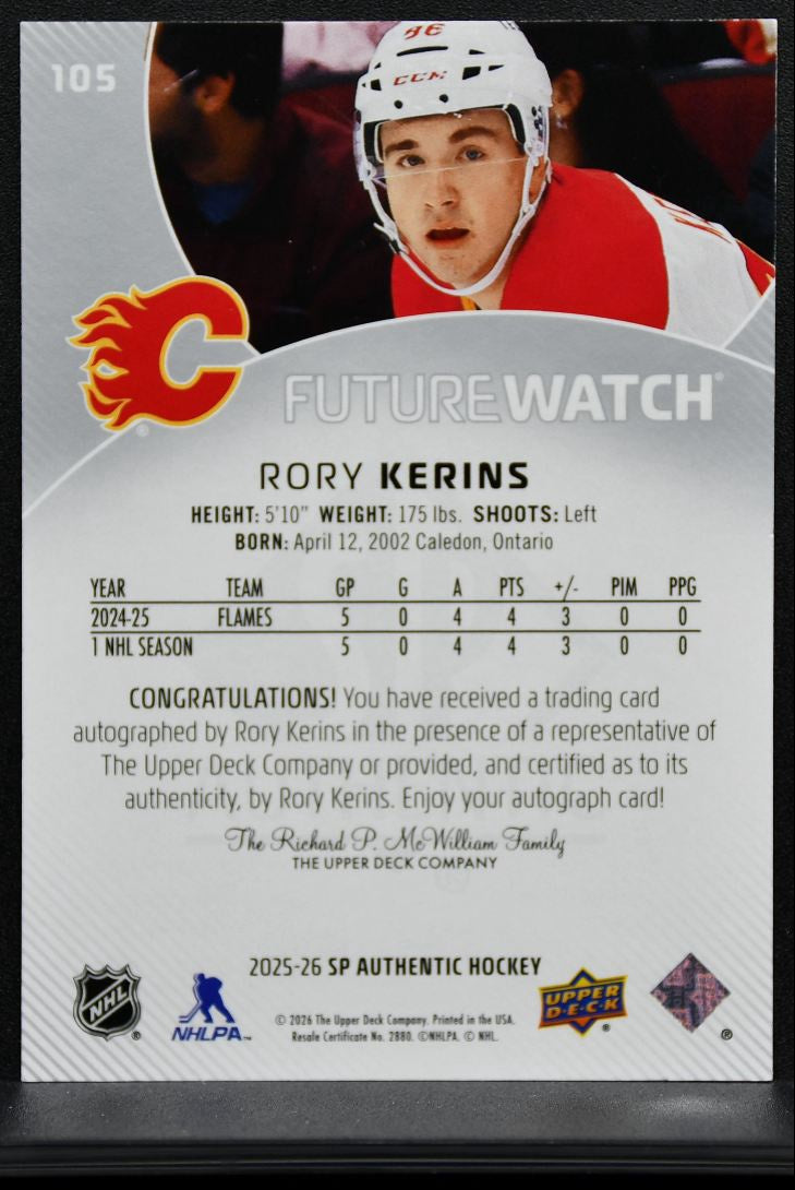 2025-26 SP Authentic Future Watch Auto Rory Kerins Flames RC Auto 500/999 9669