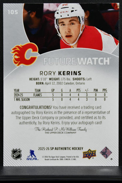2025-26 SP Authentic Future Watch Auto Rory Kerins Flames RC Auto 500/999 9669