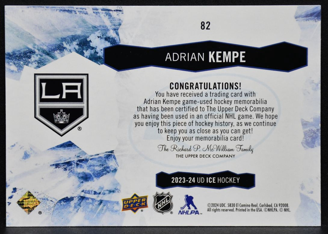 2023-24 Upper Deck Ice Jersey Orange Adrian Kempe 82 Los Angeles Kings Jersey 3200