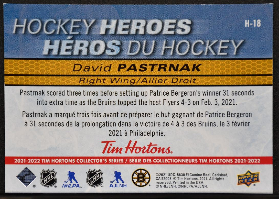 2021-22 Upper Deck Tim Hortons Hockey Heroes David Pastrnak H-18 Boston Bruins 6286
