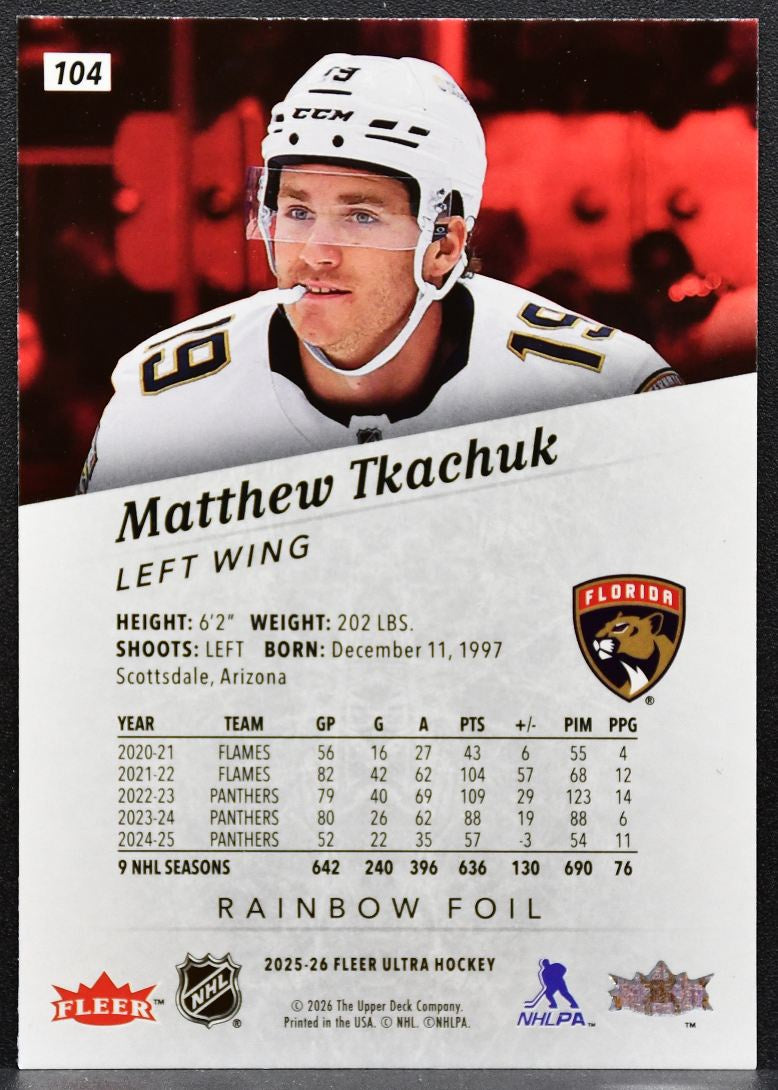 2025-26 Fleer Ultra Rainbow Foil Matthew Tkachuk 104 Florida Panthers 3943