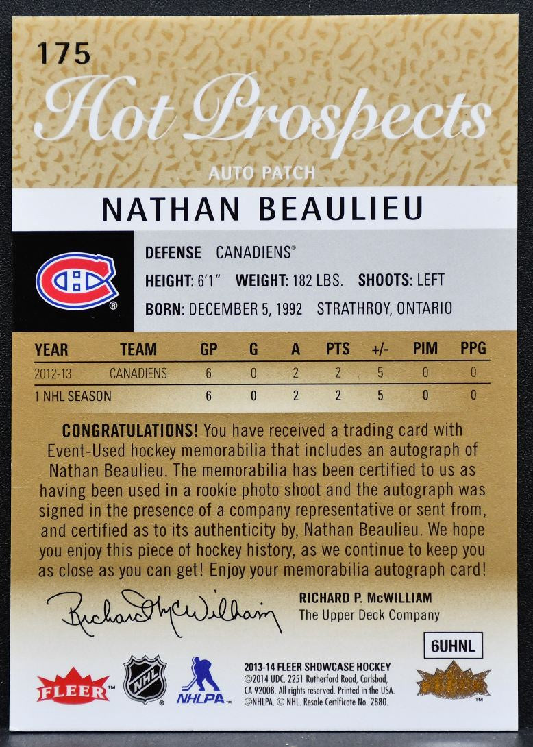 2013-14 Fleer Hot Prospects Auto Patch Beaulieu RC Auto 214/375 Patch 2107