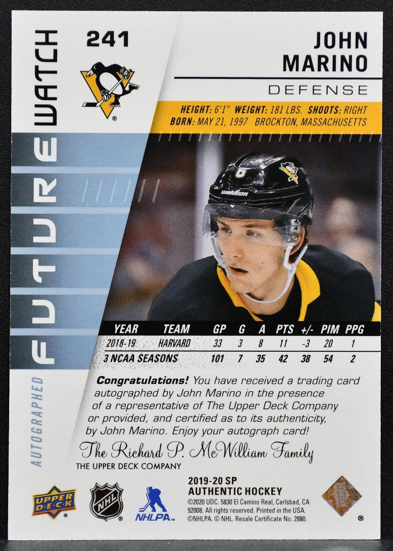 2019-20 SP Authentic Future Watch Auto John Marino Penguins RC Auto 425/999 1698
