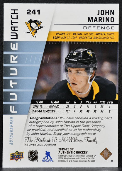 2019-20 SP Authentic Future Watch Auto John Marino Penguins RC Auto 425/999 1698