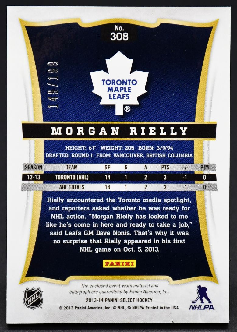 2013-14 Panini Select Rookie Jersey Signature Rielly 308 RC Auto 149/199 Jersey