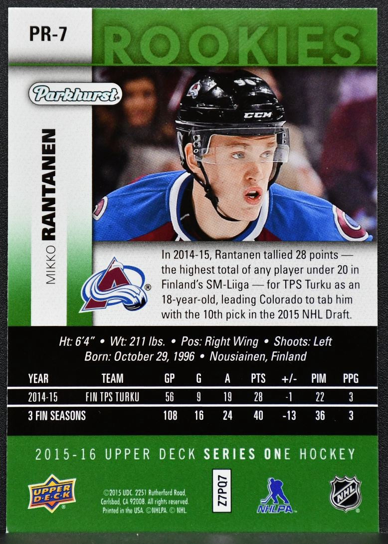 2015-16 UD Series 1 Parkhurst Rookies Mikko Rantanen PR-7 Colorado Avalanche RC 4879